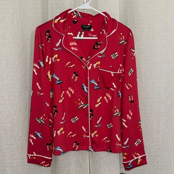 kate spade S Red Multi Stiletto Shoe Print Notch Collar Long Sleeve Pajama Set - Picture 3 of 16